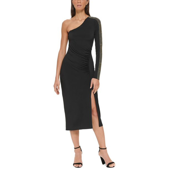 Guess Asymmetrical Neck Long Beaded Sleeve with Slit Sheath Midi Dress | 10 - Picture 1 of 2
